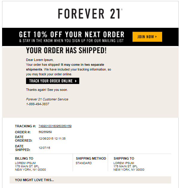 Forever 21 shipping confirmation email announcing that the order has shipped, warning that it may arrive in two separate shipments, with a Track Your Order Online button, tracking number, order and shipping details, and a promotional offer for 10% off the next order.