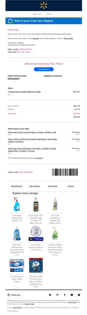 Walmart partial shipment email notifying the customer that part of their order has shipped, with an estimated delivery date, Track Shipment button, FedEx tracking number, shipped item details, and a separate list of remaining products still being processed.